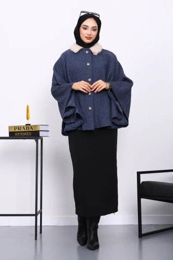 İndigo Yaka Kürklü Kemerli Panço