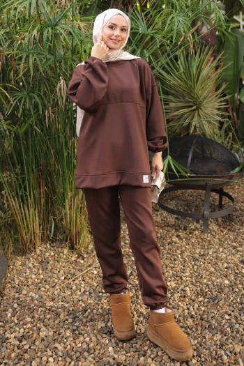 Kahverengi Armalı Tunik Pantolonlu Takım