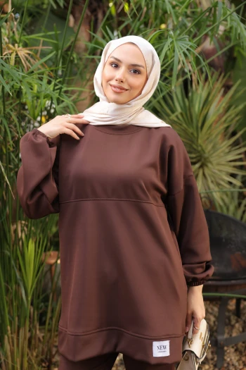 Kahverengi Armalı Tunik Pantolonlu Takım