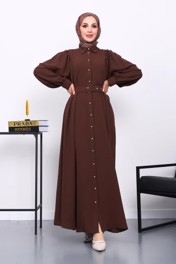 Kahverengi Bel Kemerli Elbise