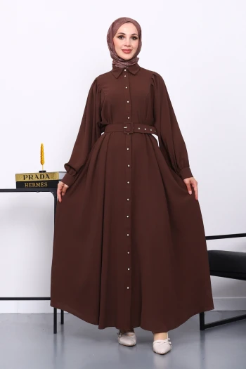Kahverengi Bel Kemerli Elbise