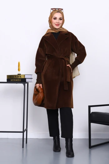 Kahverengi Bel Kuşaklı Çift Cepli Angora Kaban