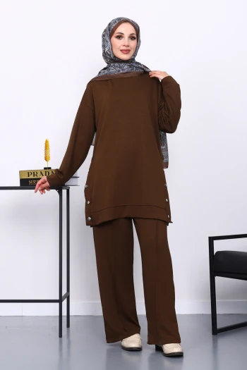 Kahverengi Bisiklet Yaka Çıtçıt Detaylı Modal Takım