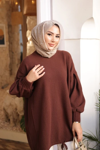 Kahverengi Bisiklet Yaka Keçe Kazak