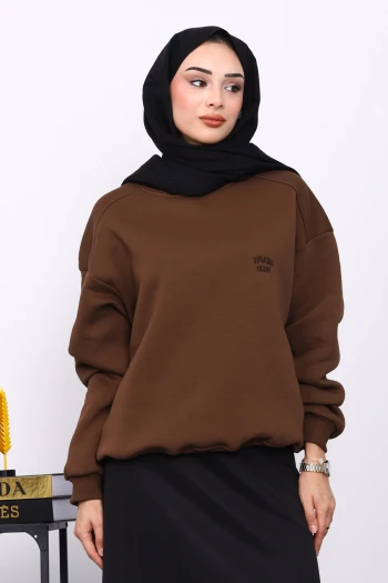Kahverengi Bisiklet Yaka Şadonlu Üç iplik Sweat