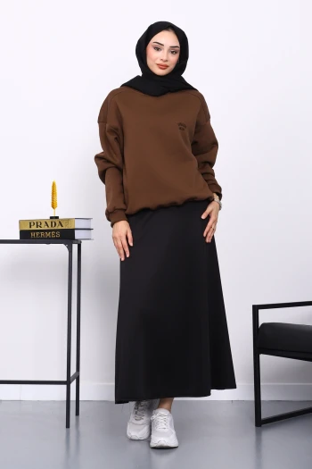 Kahverengi Bisiklet Yaka Şadonlu Üç iplik Sweat