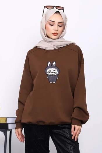 Kahverengi Bisiklet Yaka Üç İplik Sweat