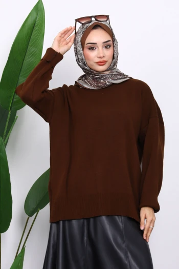 Kahverengi Bisiklet Yaka Yumuşak Dokulu Oversize Triko Kazak