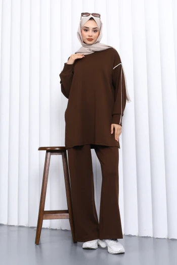 Kahverengi Biyeli Tunik Pantolonlu Modal Takım