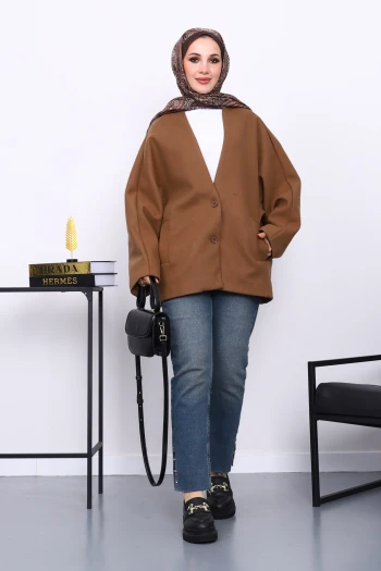 Kahverengi Düğme Detaylı Astarlı Kaşe Ceket