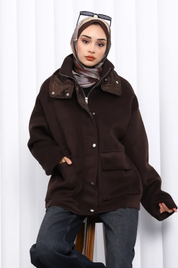 Kahverengi Fermuarlı Astarlı Oversize Kaşe Ceket