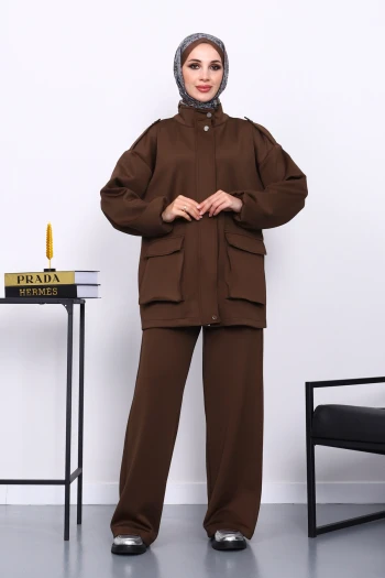 Kahverengi Fermuarlı Scuba Ceket Pantolonlu Takım
