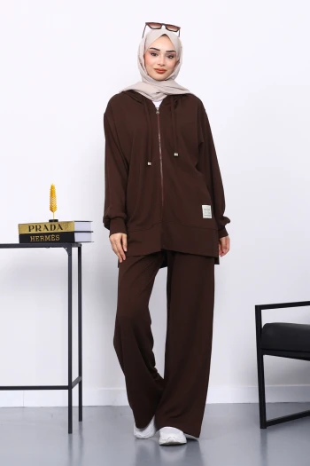 Kahverengi Fermuarlı Tunik Pantolonlu Takım
