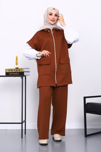 Kahverengi Fermuarlı Yelek Pantolonlu Scuba Takım