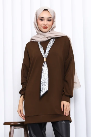 Kahverengi Fular Aksesuarlı Modal Tunik
