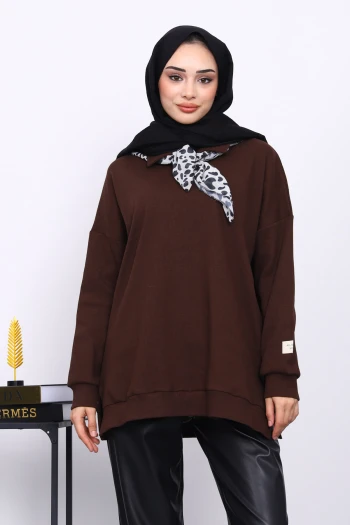 Kahverengi Gömlek Yaka Fittilli Tunik