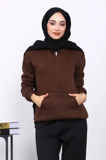 Kahverengi Kanguru Cepli Şardonlu Üç İplik Hırka