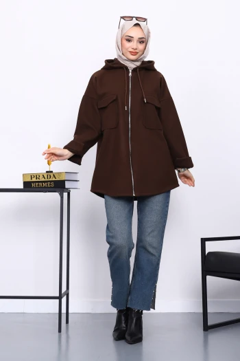 Kahverengi Kapşonlu Çift Cepli Kaşe Ceket