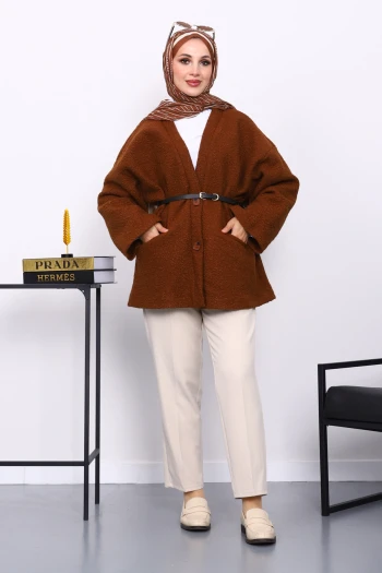 Kahverengi Kemerli Oversize Buklet Ceket