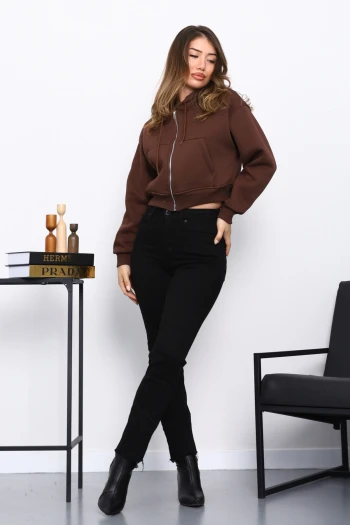 Kahverengi Kısa Kanguru Cepli Fermuarlı Üç İplik Sweat Hırka