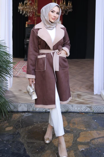 Kahverengi Kruvaze Yaka İçi Kürklü Süet Kaban