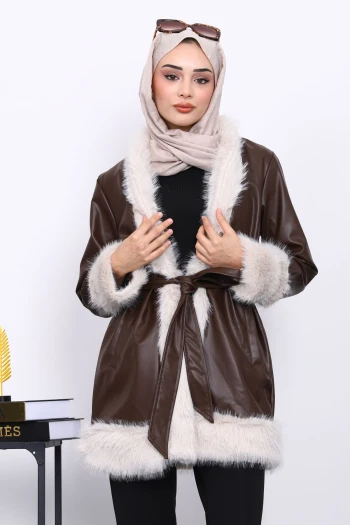 Kahverengi Kürk Detaylı Kuşaklı Deri Trenç Ceket