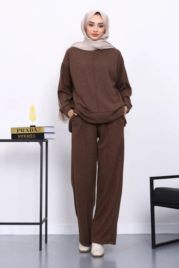 Kahverengi Üst ve Pantolonu Nervür Dikişli Selanik Takım