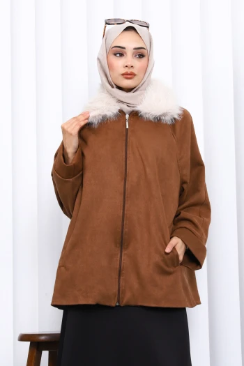 Kahverengi Yaka Kürk Detaylı Süet Ceket