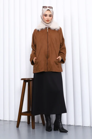 Kahverengi Yaka Kürk Detaylı Süet Ceket