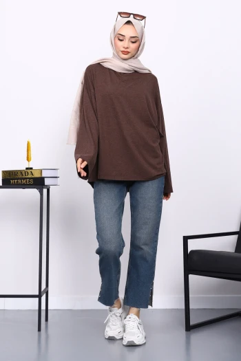 Kahverengi Yarım Balıkçı Yaka Bluz