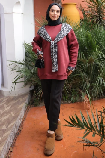 Kiremit Fular Detaylı İçi Şardonlu Üç İplik Sweatshirt