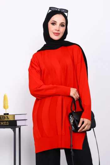 Kırmızı Bisiklet Yaka Soğuk İplik Triko Tunik