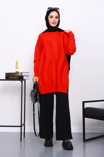 Kırmızı Bisiklet Yaka Soğuk İplik Triko Tunik