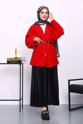 Kırmızı Kemerli Oversize Buklet Ceket