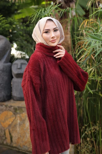Koyu Bordo Balıkçı Yaka Salaş Angora Yumoş Triko Tunik