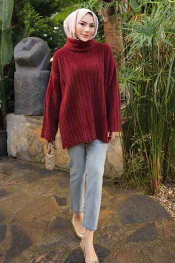 Koyu Bordo Balıkçı Yaka Salaş Angora Yumoş Triko Tunik