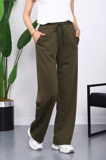 Koyu Haki Bel Lastikli İki İplik Palazzo Eşofman Alt