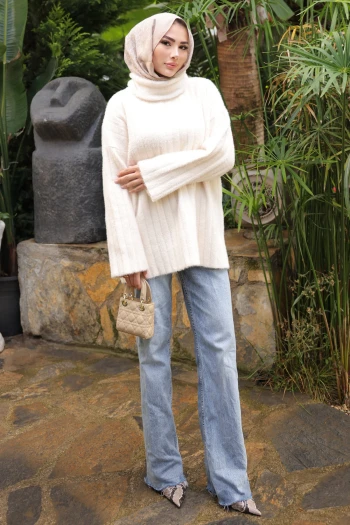 Krem Balıkçı Yaka Salaş Angora Yumoş Triko Tunik