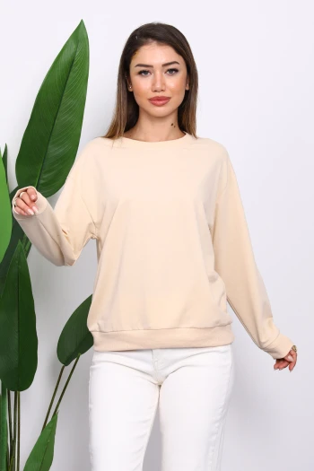 Krem Bisiklet Yaka İki İplik Sweatshirt