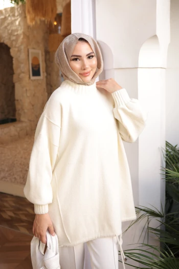 Krem Bisiklet Yaka Keçe Kazak