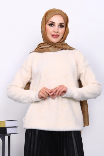 Krem Bisiklet Yaka Angora Yumoş Triko Kazak