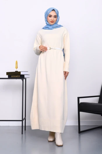 Krem Bisiklet Yaka Triko Elbise