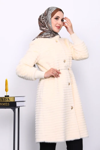 Krem Bel Lastikli Angora Kürk Kaban