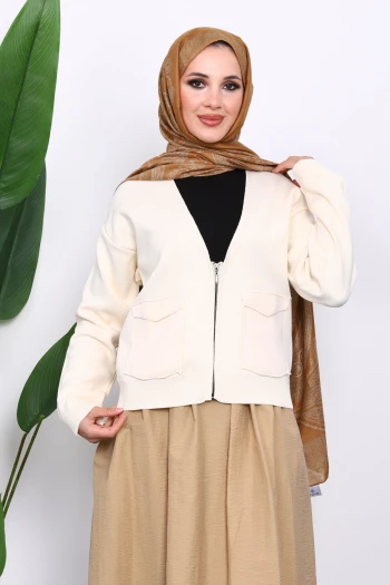 Krem Çift Cepli Fermuarlı Triko Hırka