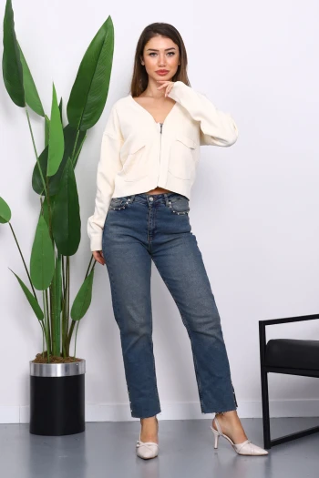 Krem Çift Cepli Fermuarlı Triko Hırka