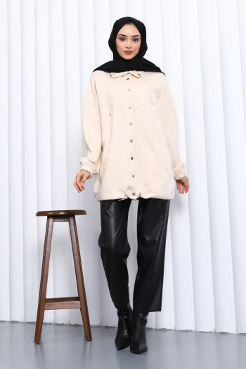 Krem Çıtçıt Detaylı Cepli Ceket