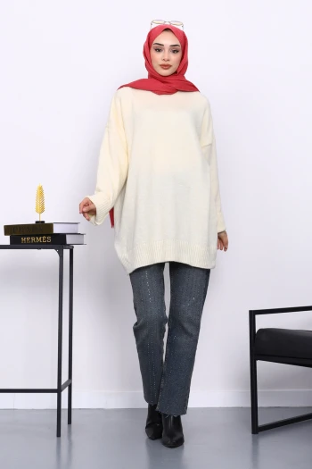 Krem Dik Yaka Oversize Triko Kazak