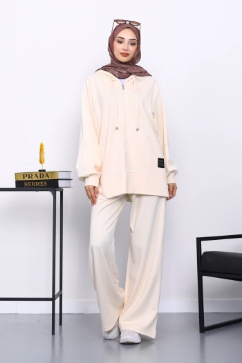 Krem Fermuarlı Tunik Pantolonlu Takım