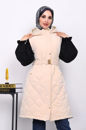 Krem Kapşonlu Kemerli Şişme Yelek