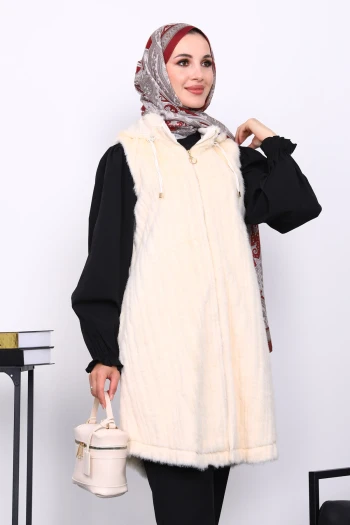Krem Kapşonlu Kürk yelek